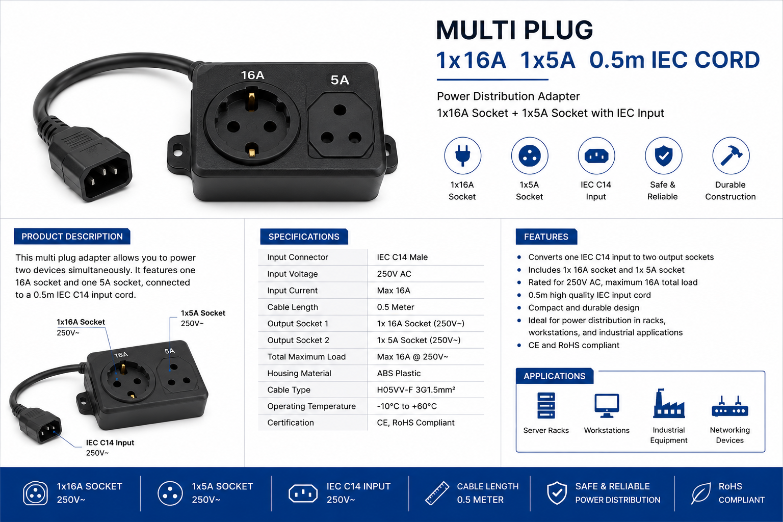 Switchcom Multi Plug 1x16A 1x5A 0.5m IEC Cord